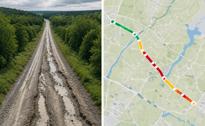 Left: muddy, rutted dirt road through dense green forest; right: map showing traffic with green, yellow, red lines.