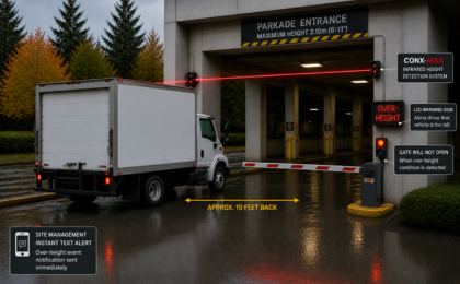 A truck stops at an over-height detection system with laser beam before a parking gate entrance.