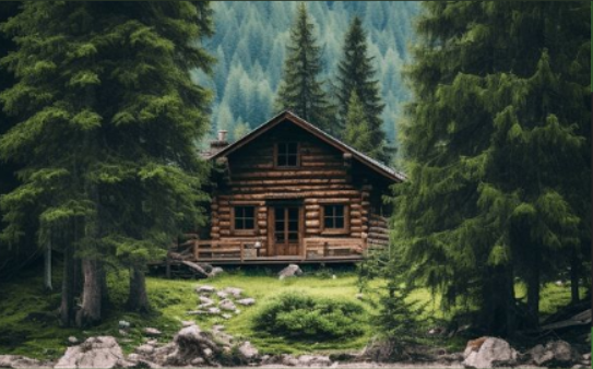 A cottage/cabin in a forest. SECURITY & EVENT/STATUS MONITORING.