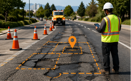 Construction worker in safety vest holding tablet by road with marked potholes and orange truck.