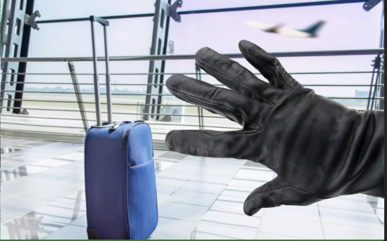 A piece of luggage being stolen by a gloved hand. Locate Lost or stolen luggage. 