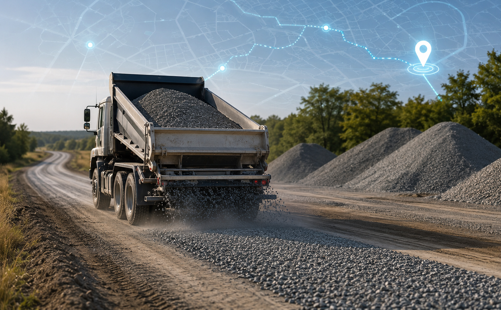 A gravel hauling truck dumping gravel