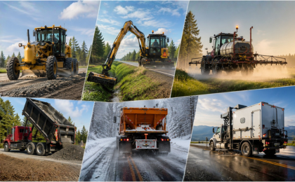 Six images showing various mobile equipment including Graders, Mowers, Tractors, Gravel Trucks, Sprayers, and Utility Vehicles.